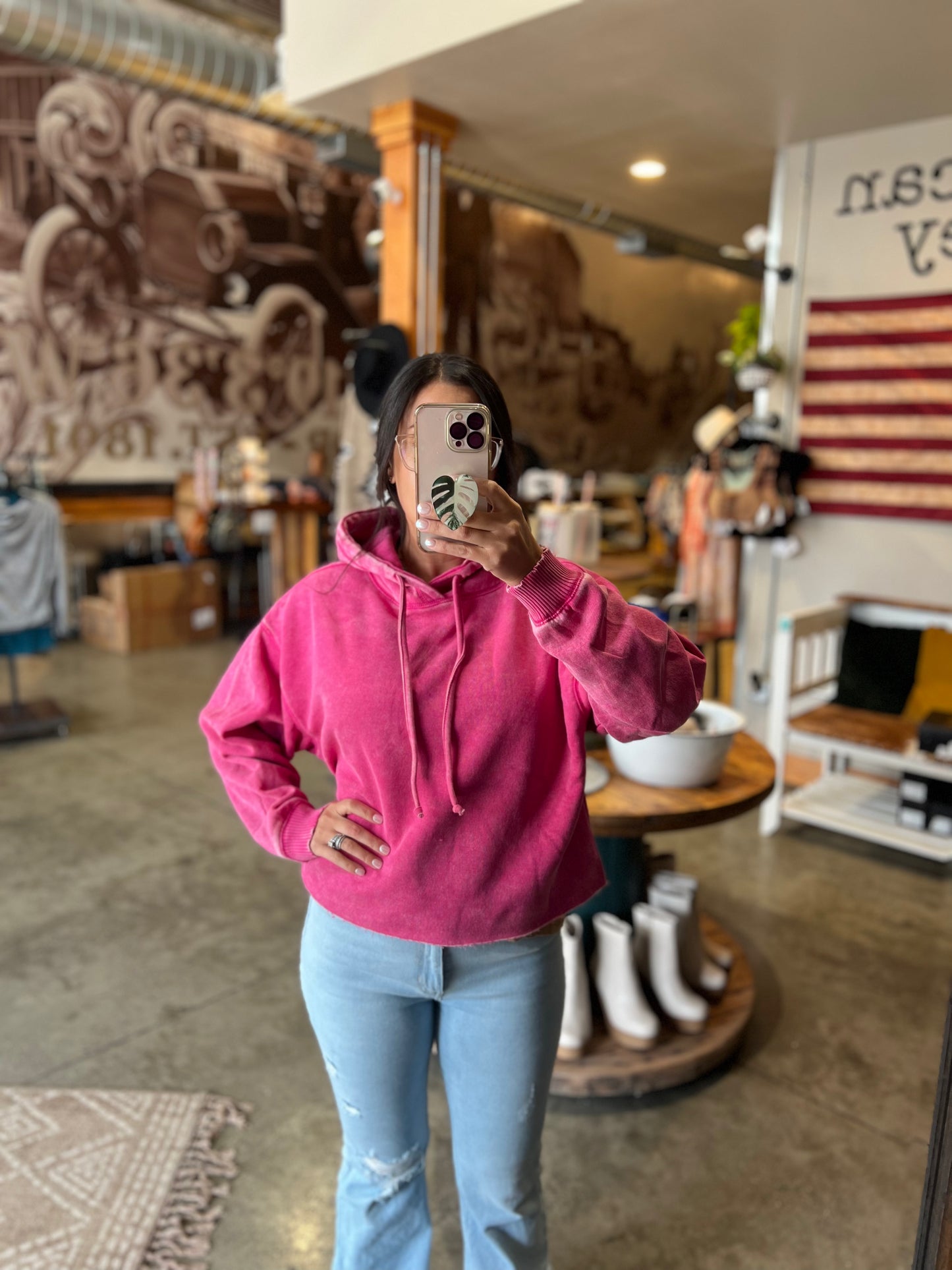 Mineral Washed Pink Crop Hoodie