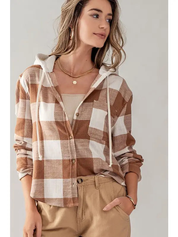 Button Down Flannel Hooded Shirt