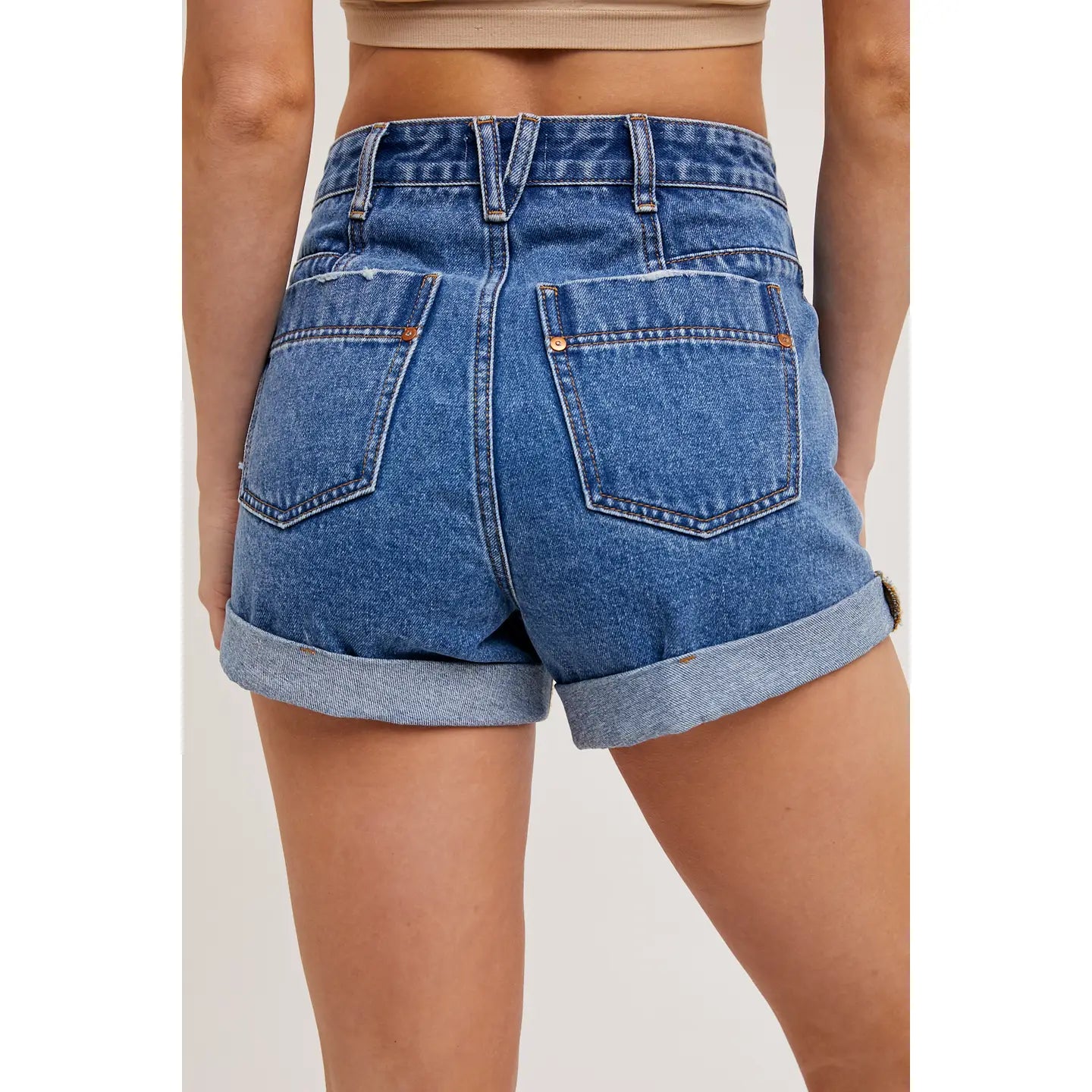 Western Pocket Rolled Hem Denim Shorts