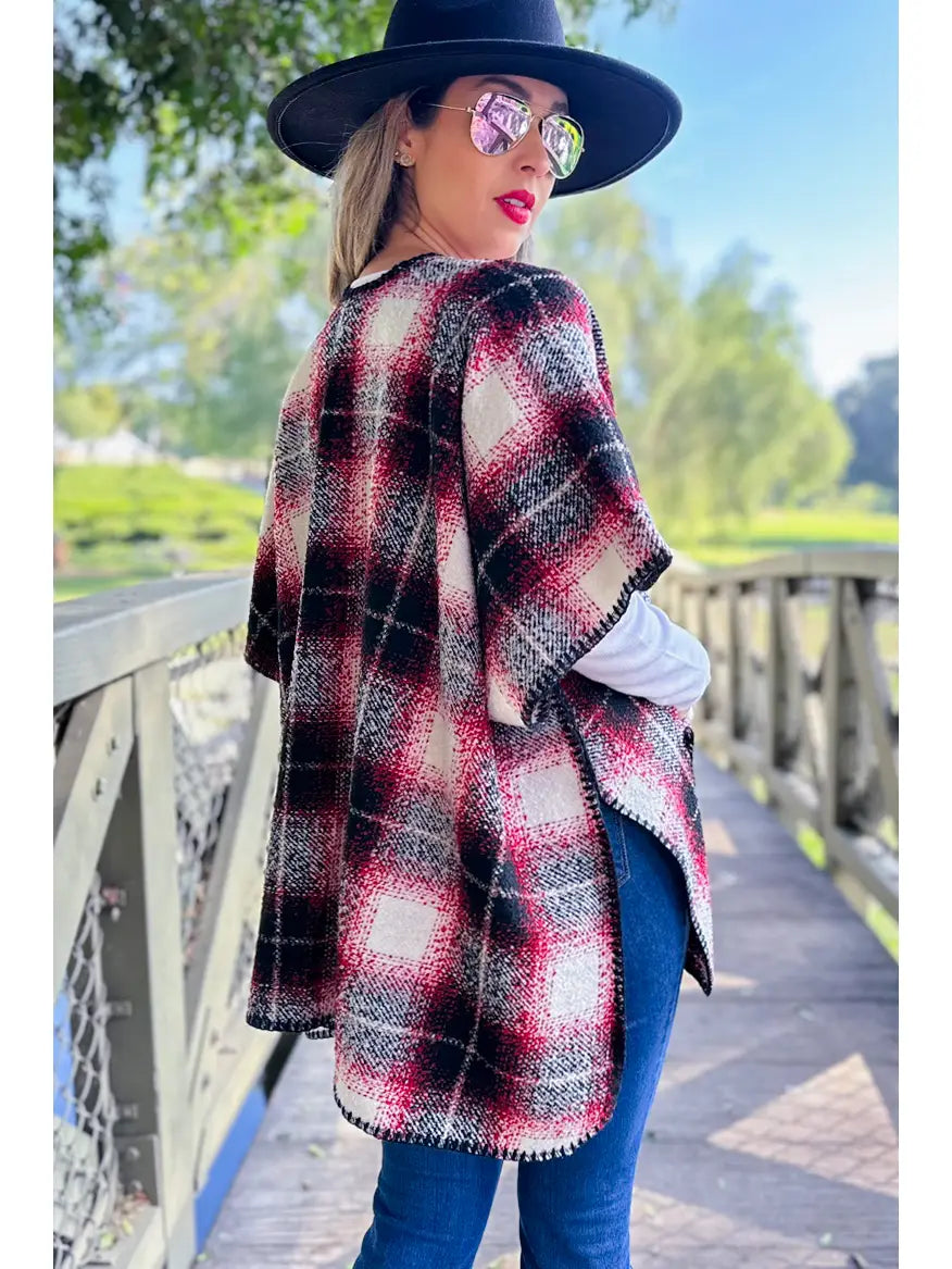 Red Plaid Printed Stitch Detail Ruana with Pockets