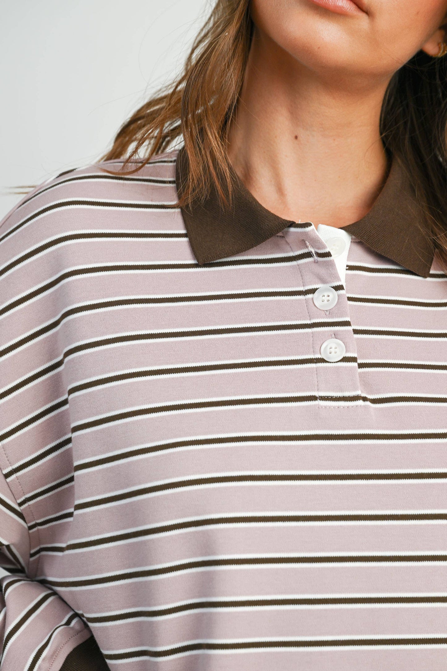 Quarter-Button Striped Collared Long Sleeve Top