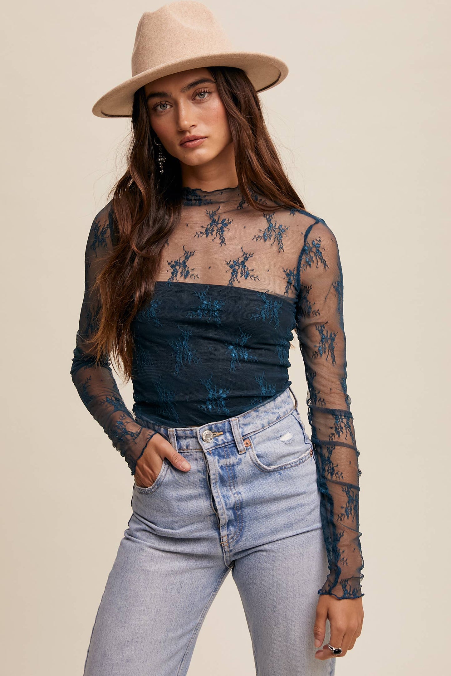 Sheer Lace Long-Sleeve Top