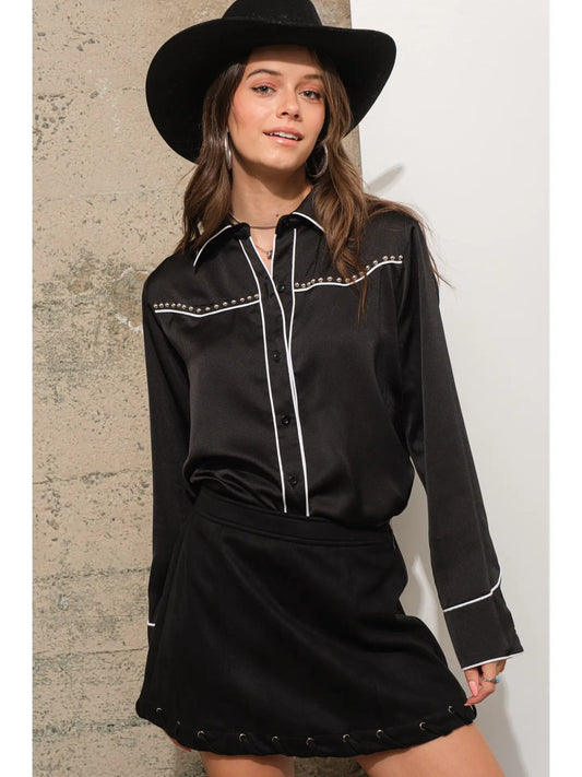 Western Contrast Piping Detail Studded Shirt Blouse
