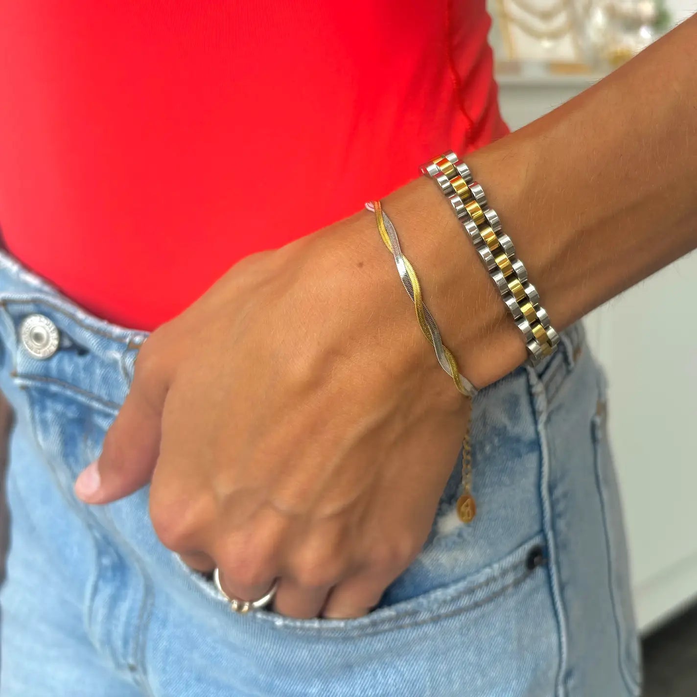 Mixed Metal Herringbone Bracelet