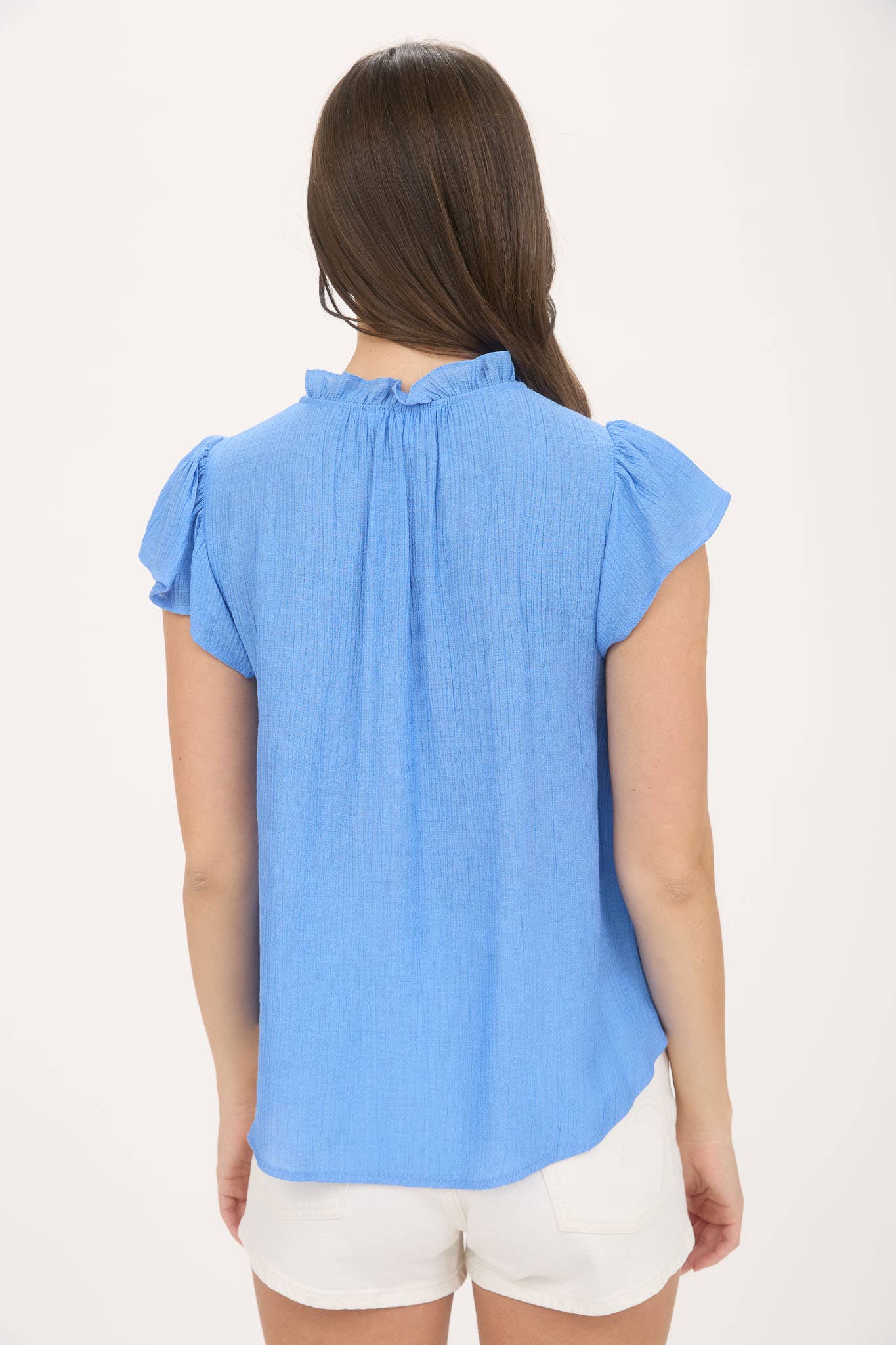 CONTRAST EMBROIDERY RUFFLE DETAIL FRONT TIE BLOUSE