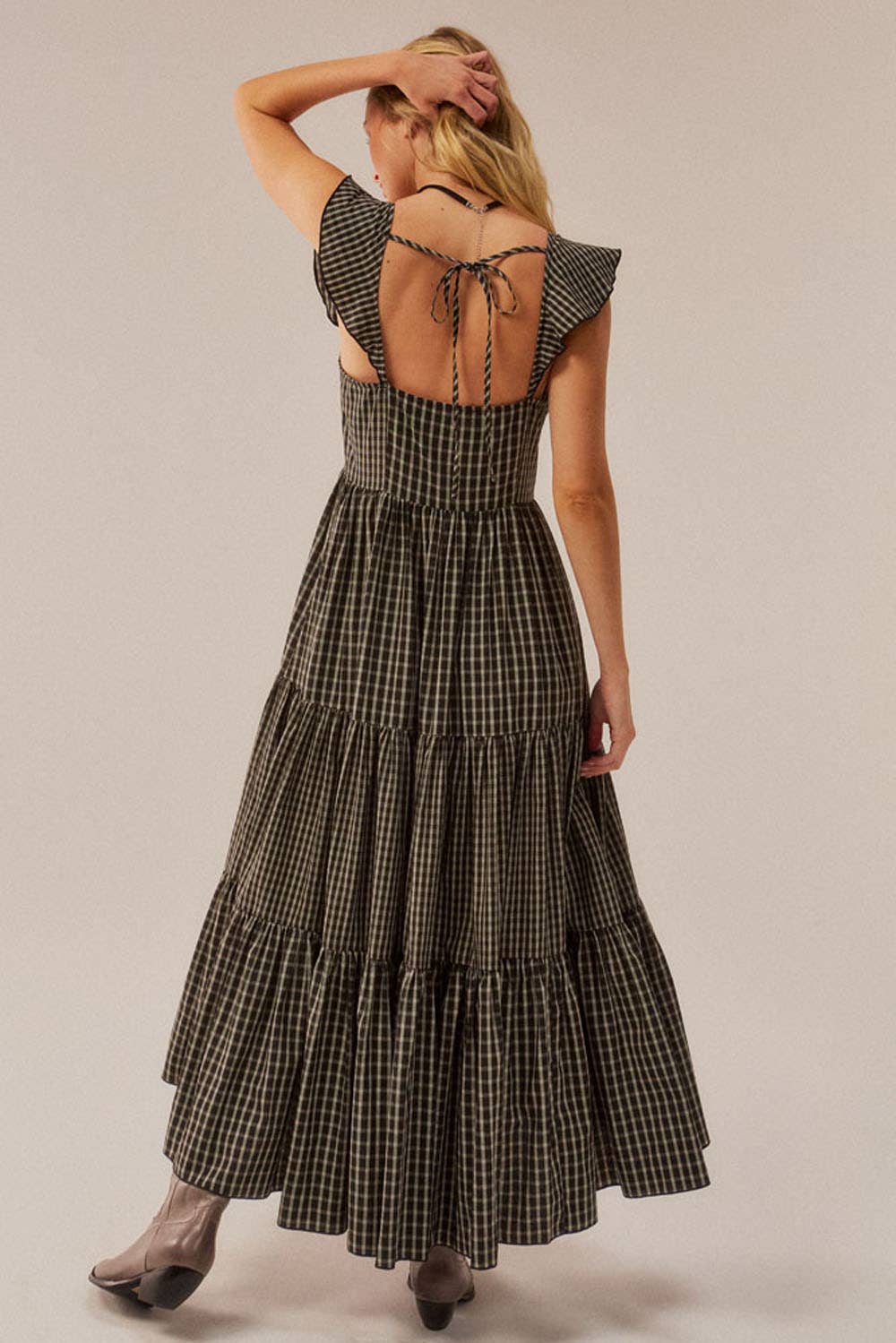 Plaid Button-Front Sweetheart Tiered Ruffle Midi Dress