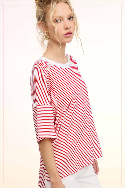 Basic Striped Drop Shoulder Short Sleeve Top