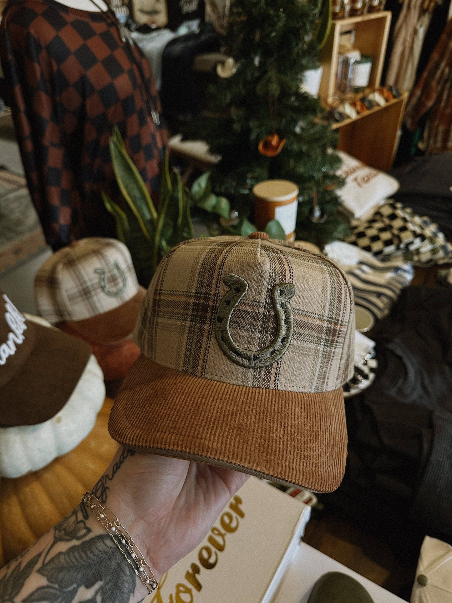 Horseshoe Plaid Corduroy Trucker Hat
