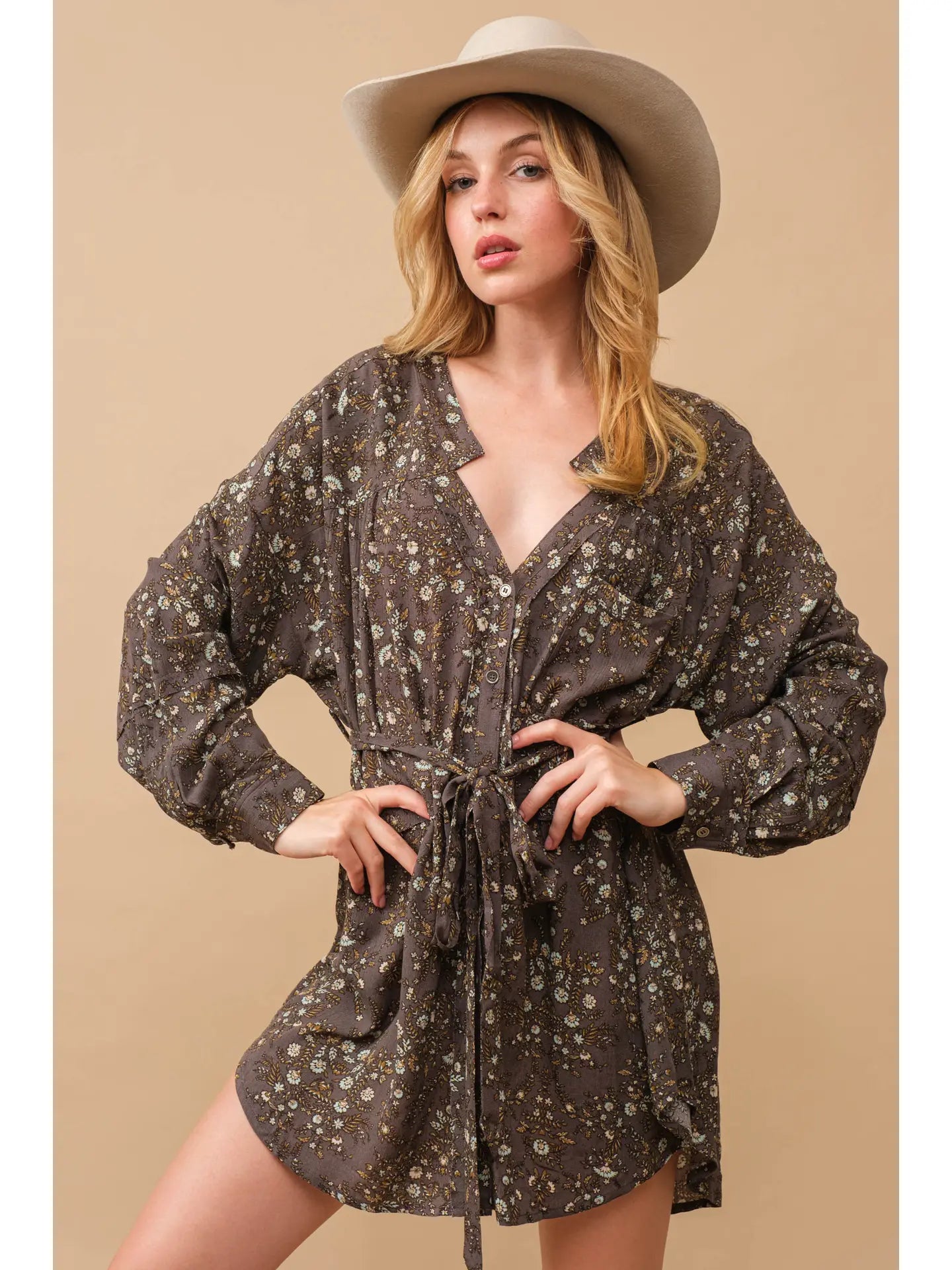 Rayon Crinkle Ditsy Floral Raw Edge Shirt Dress