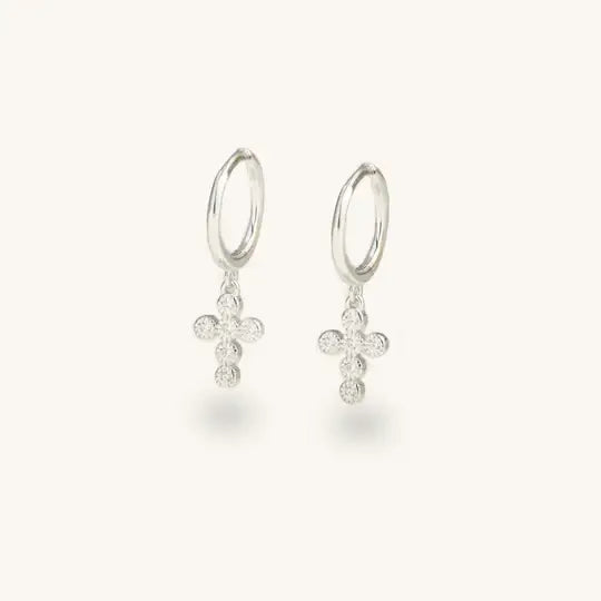 Crystal Cross Huggies- Silver