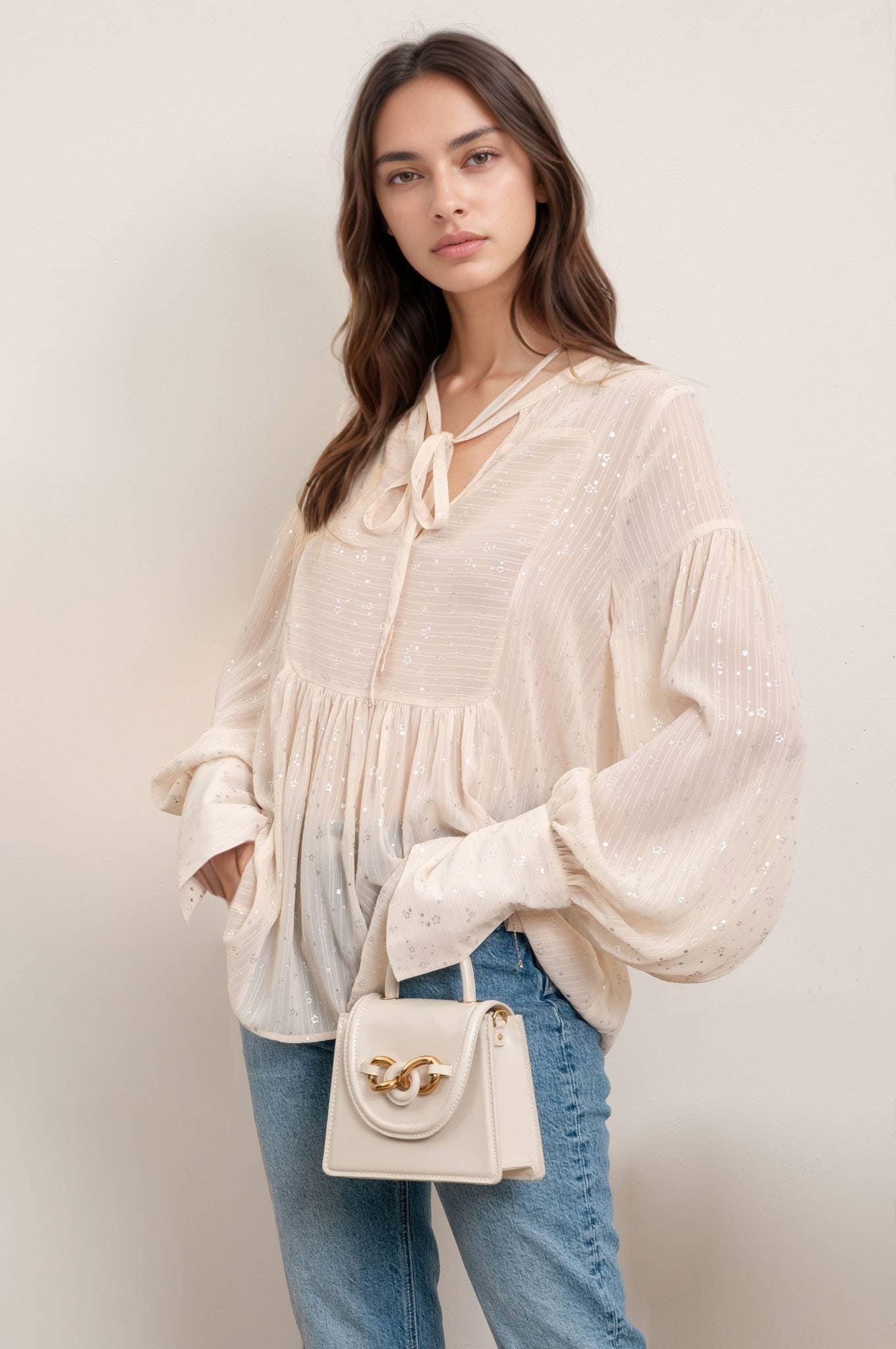 Star Print Cuff Sheer Blouse