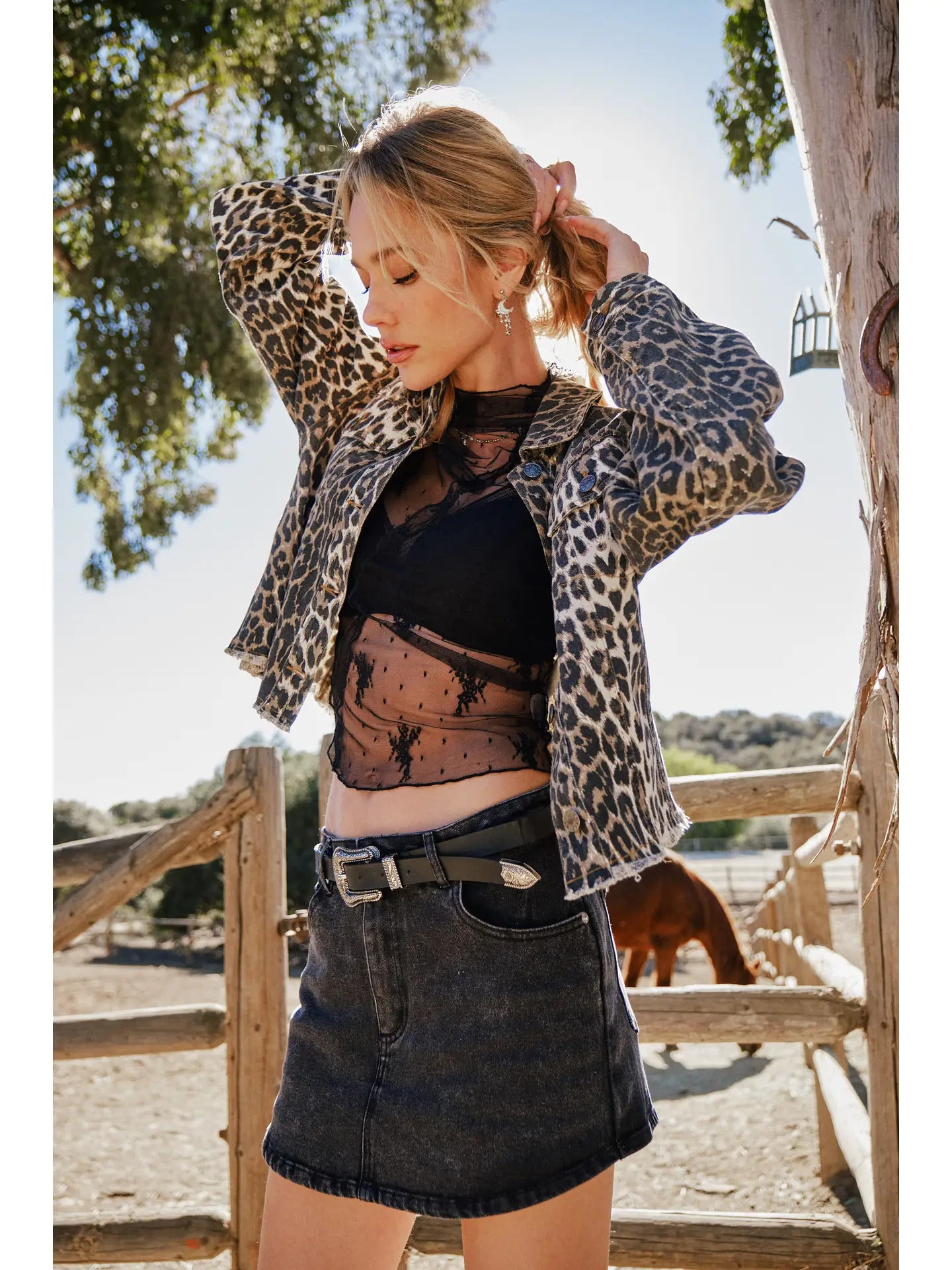 Leopard Button Up Denim Trucker Jacket