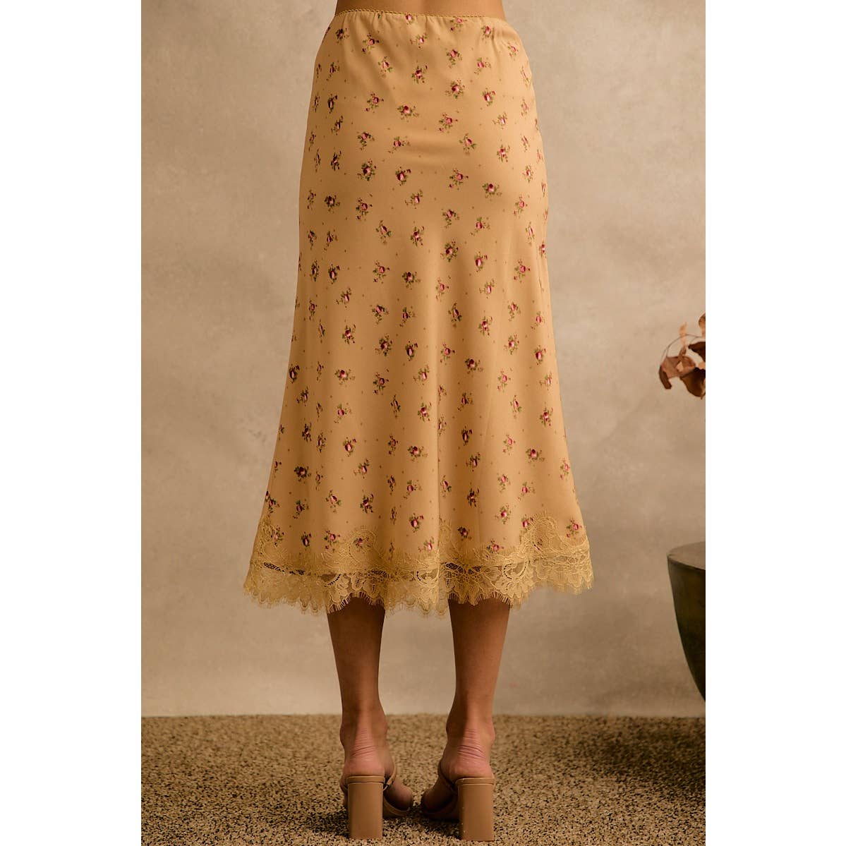 Satin Floral Print Lace Trim Midi Skirt
