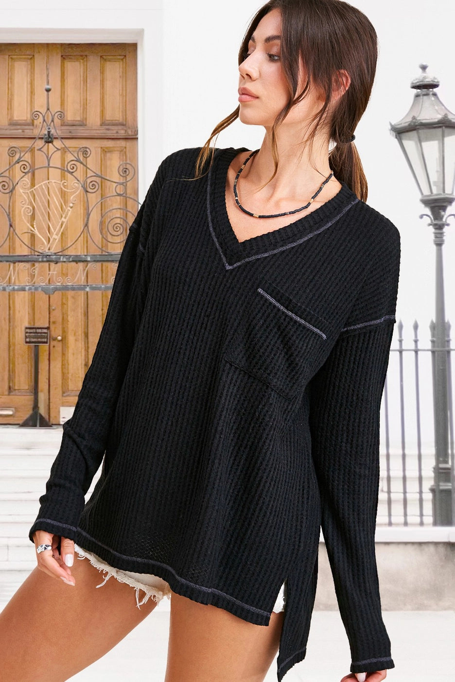 Brushed Waffle V Neck Top