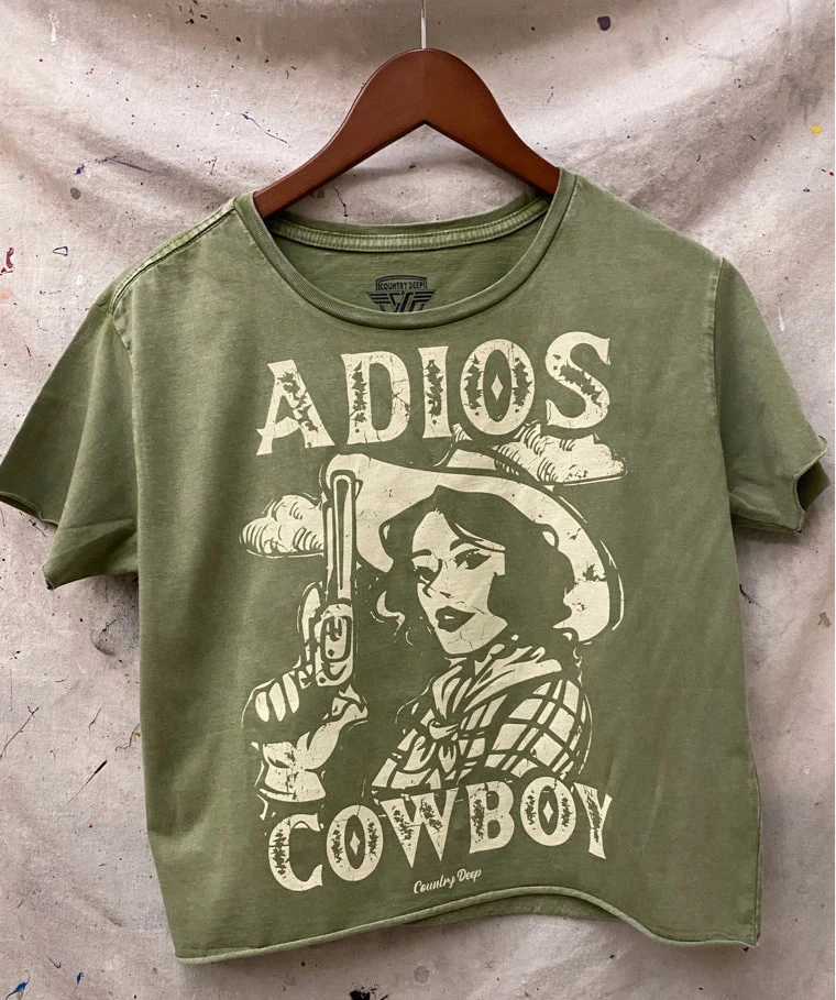 Adios Cowboy Cropped Acid Wash Tee