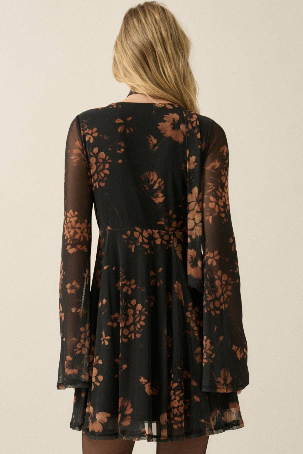Floral-Print Mesh Bell-Sleeve Mini Dress with Scarf