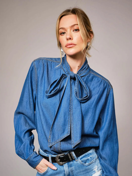 Tie Neck Hidden Button Chambray Blouse