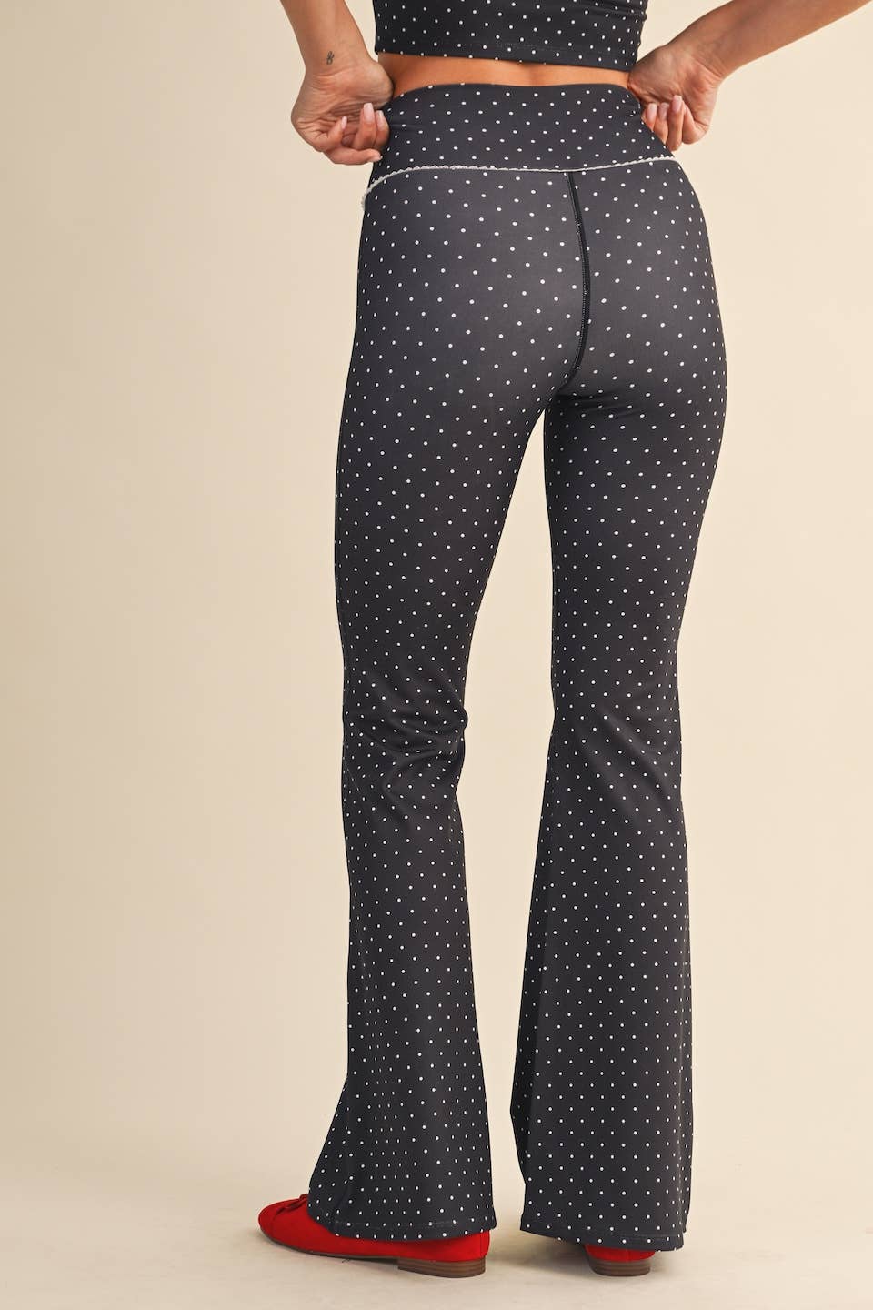 Polka Dot Print High Waist Flare Pants with Lace Trim