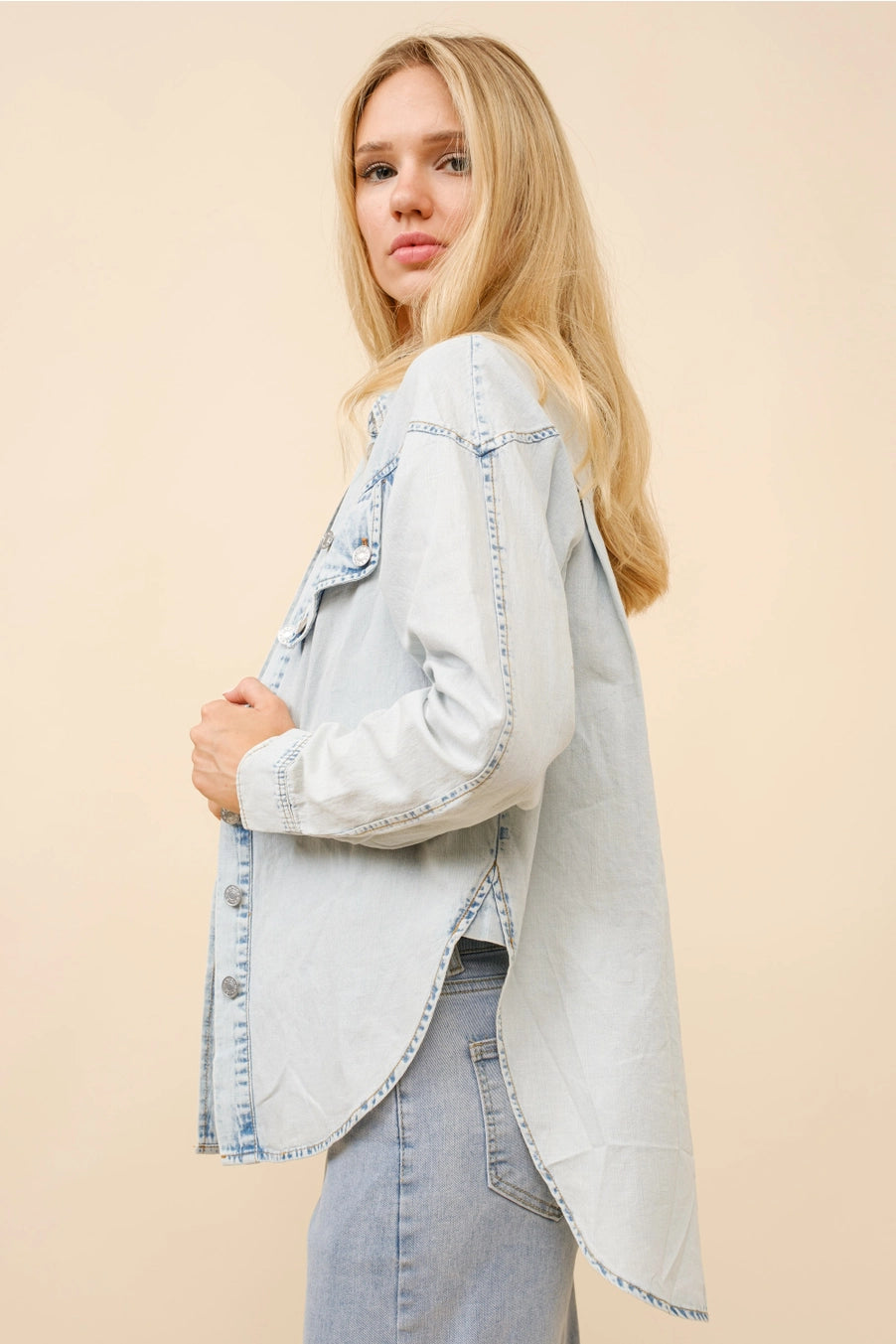 Faded Wash Denim Shirt Blouse