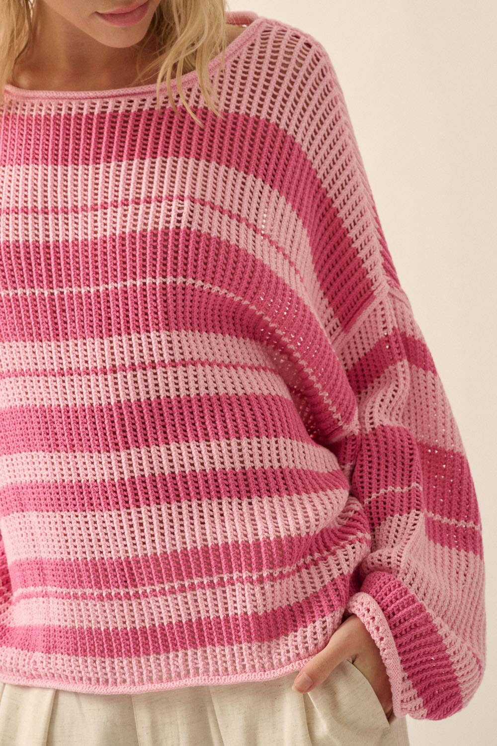 Pink Oversized Stripe Colorblock Crochet Knit Sweater