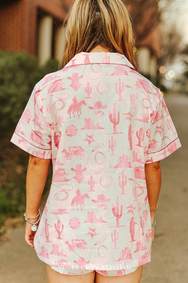 Cream Pink Western Printed Button Down Shorts Set