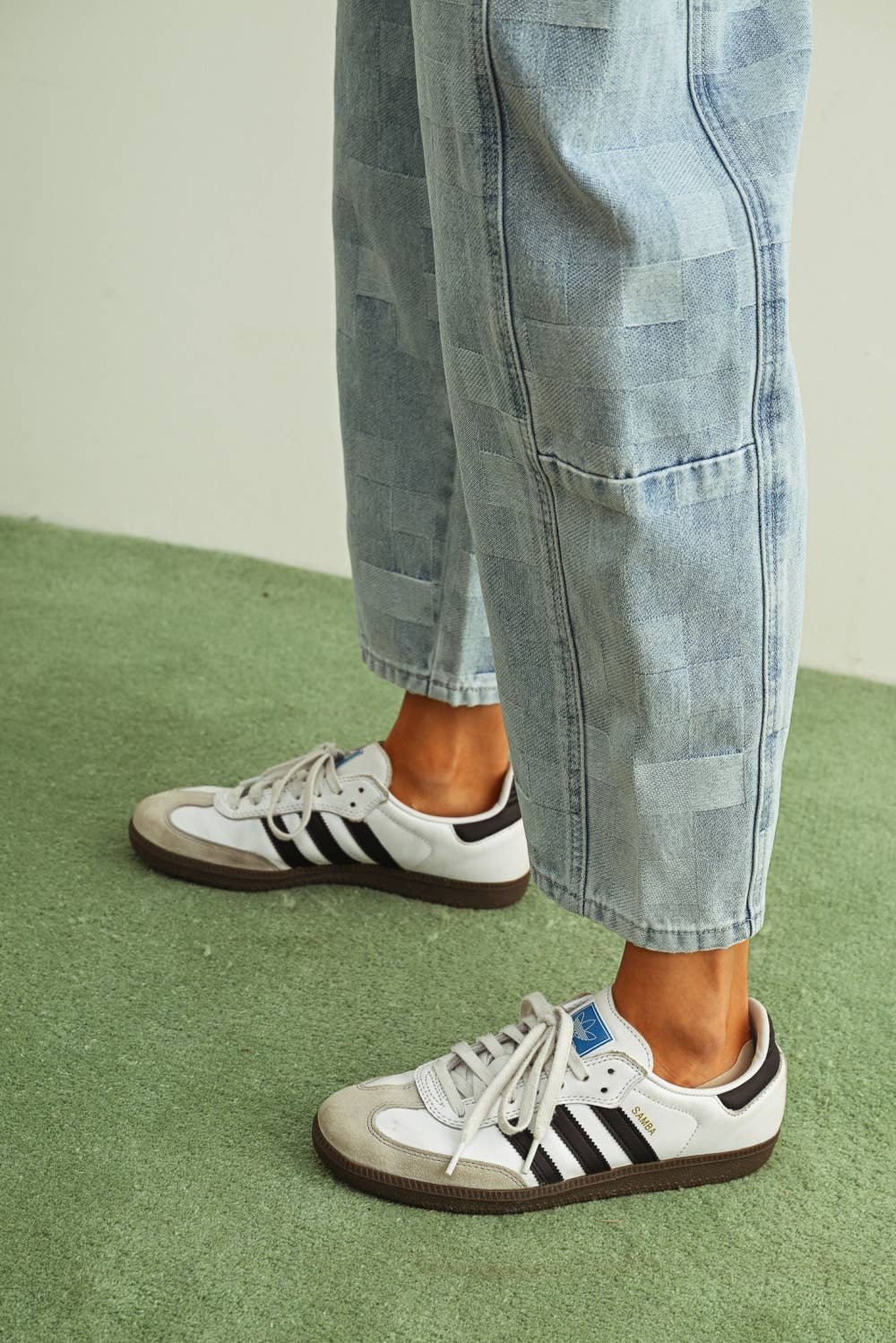 Checkered Denim Barrel Jeans