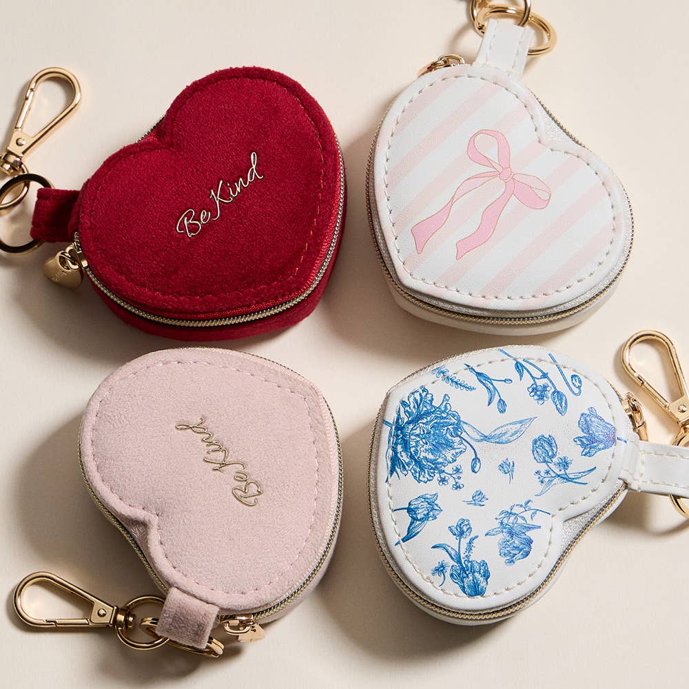Bow Accent Striped Printed Heart Shaped Jewelry Case Keychain / Bag Charm