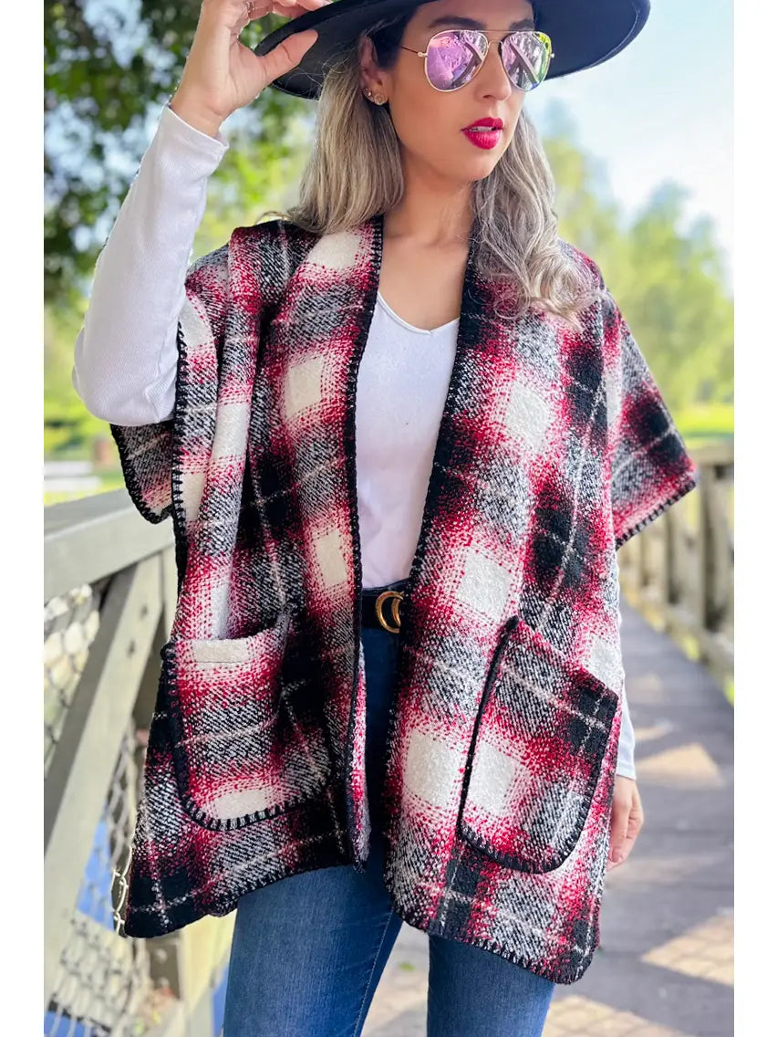 Red Plaid Printed Stitch Detail Ruana with Pockets