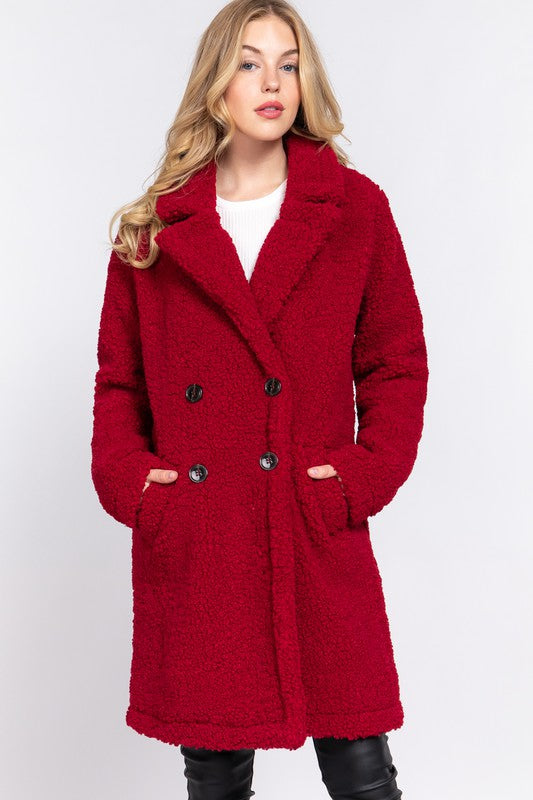 Dark Red Long Sleeve Double Breasted Faux Fur Coat