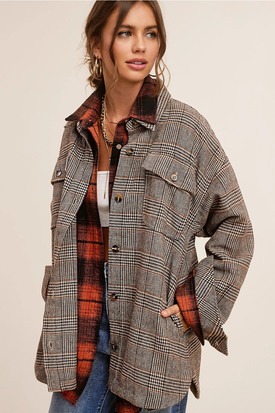 Houndstooth Plaid Button Down Shacket