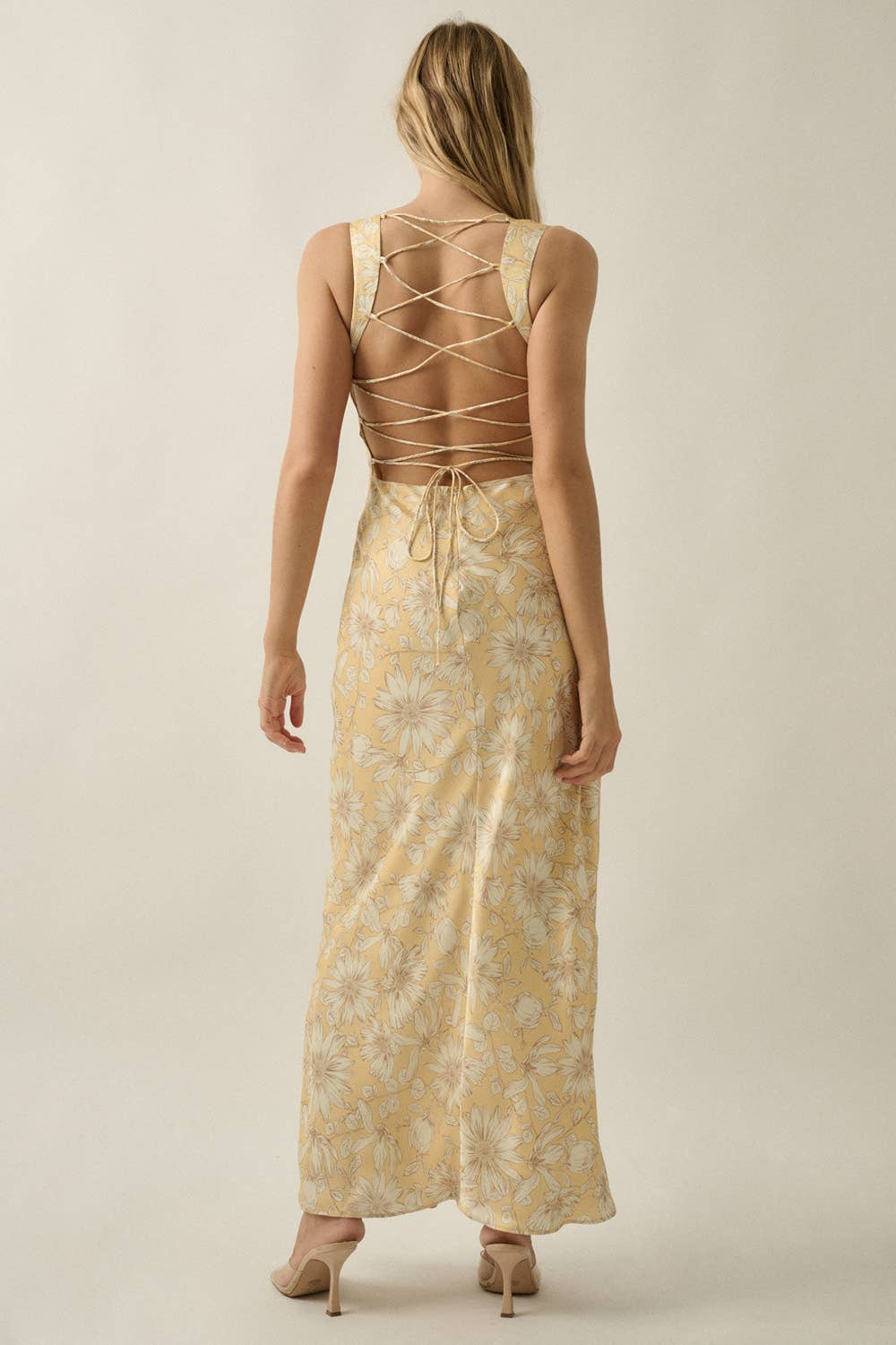 Floral-Print Satin Open-Back Maxi Dress