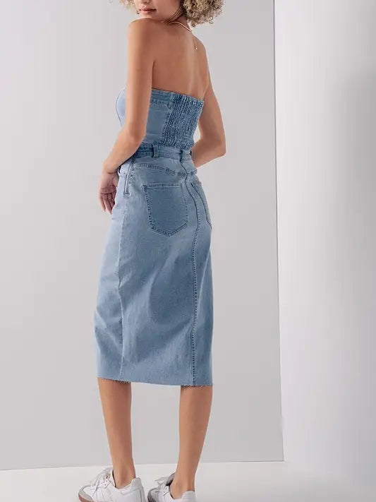 Strapless Denim Midi Dress