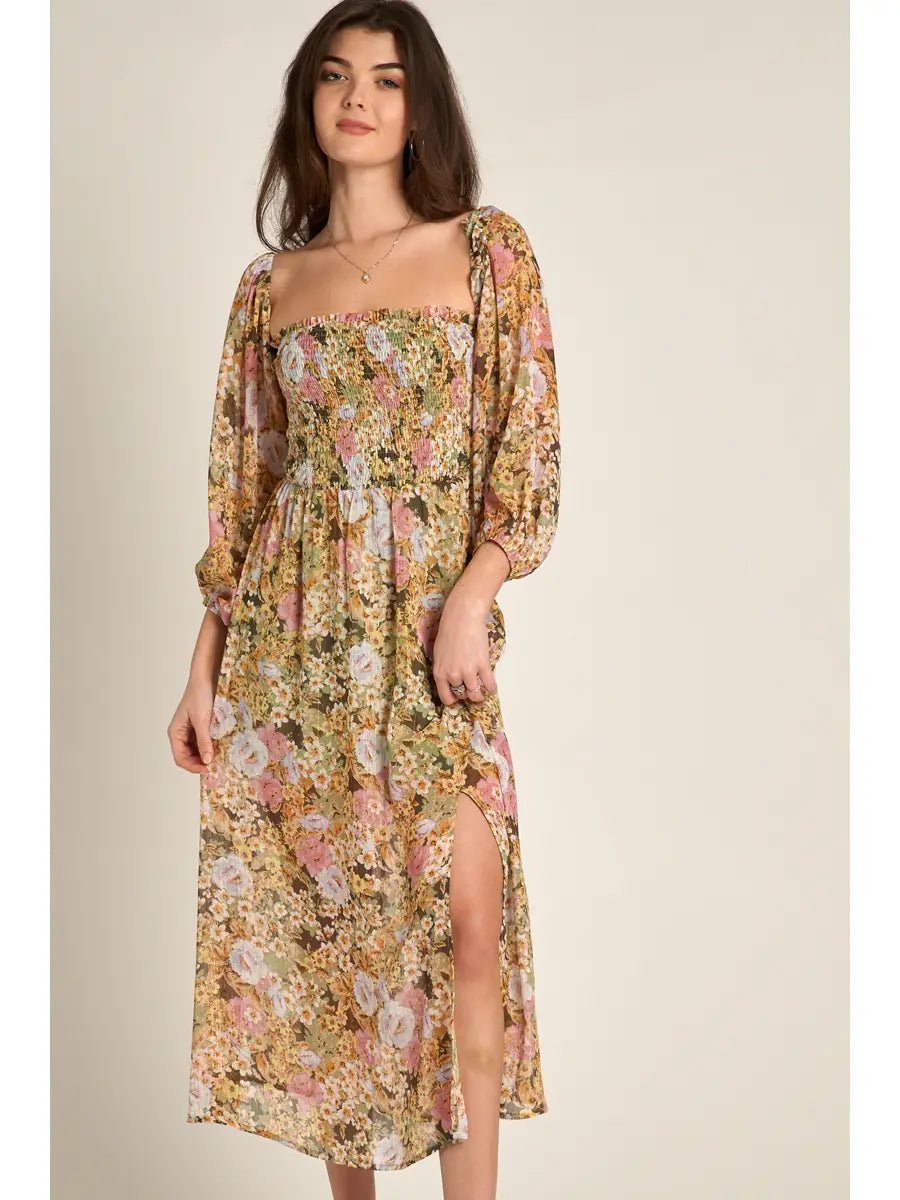 Off Shoulder Smocked Bodice Midi Dress