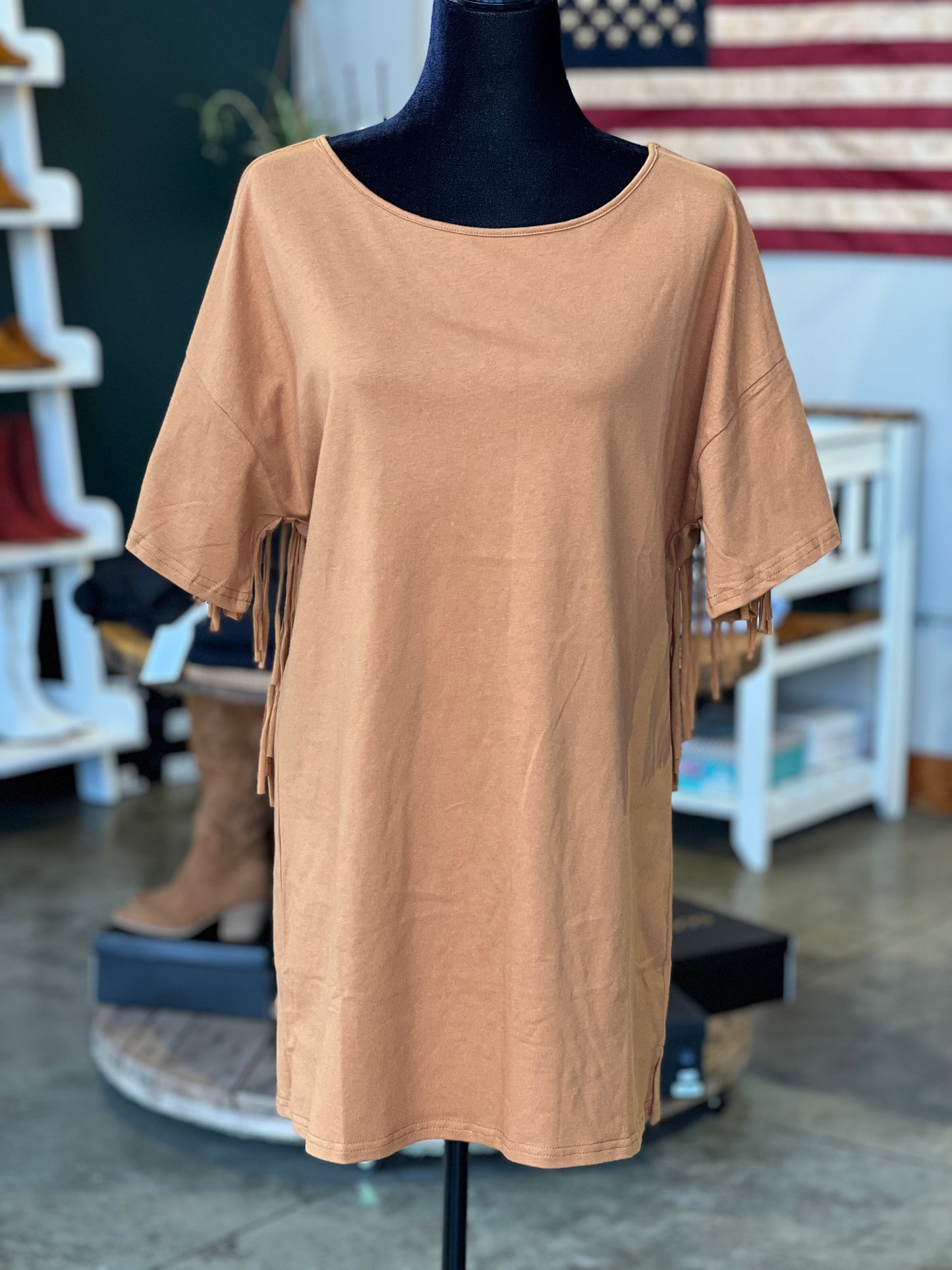 Camel Fringe T-Shirt Dress
