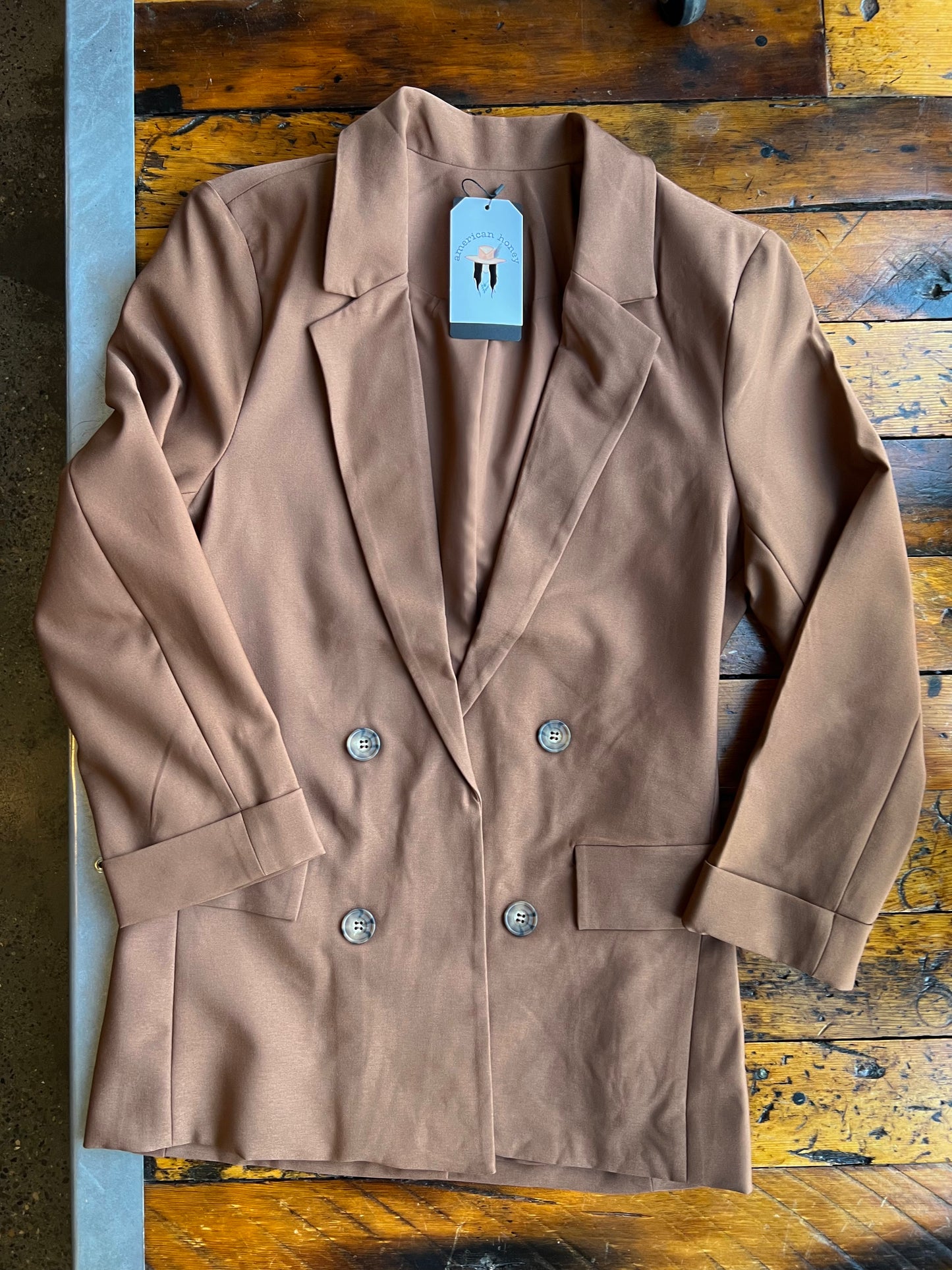 Brown Fitted Suit Open Front Blazer