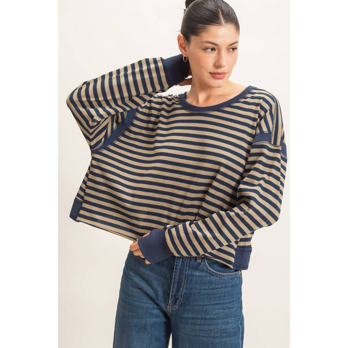 Striped Long Sleeve Open Back Top