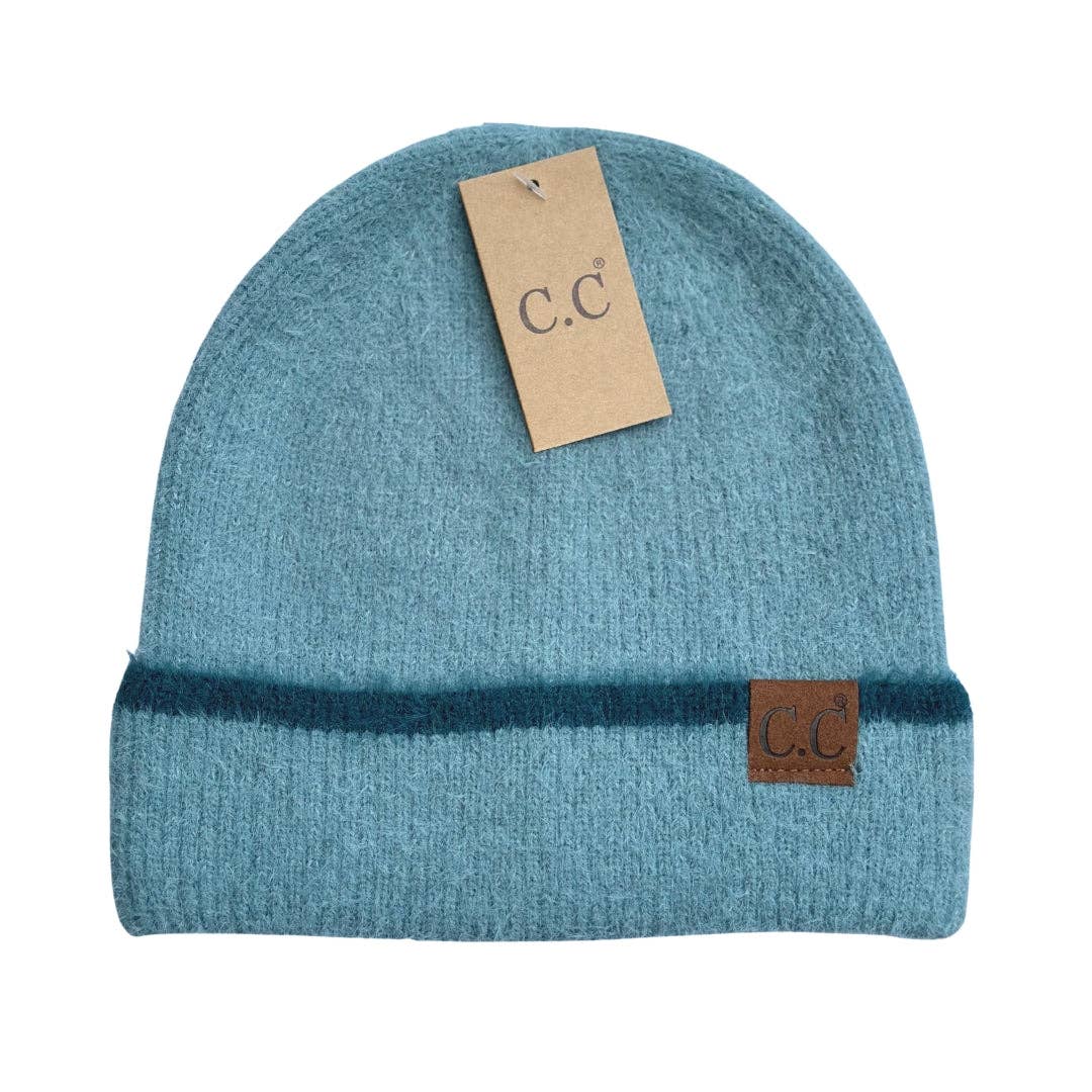 Soft Feather Yarn Striped Cuff C.C Beanie