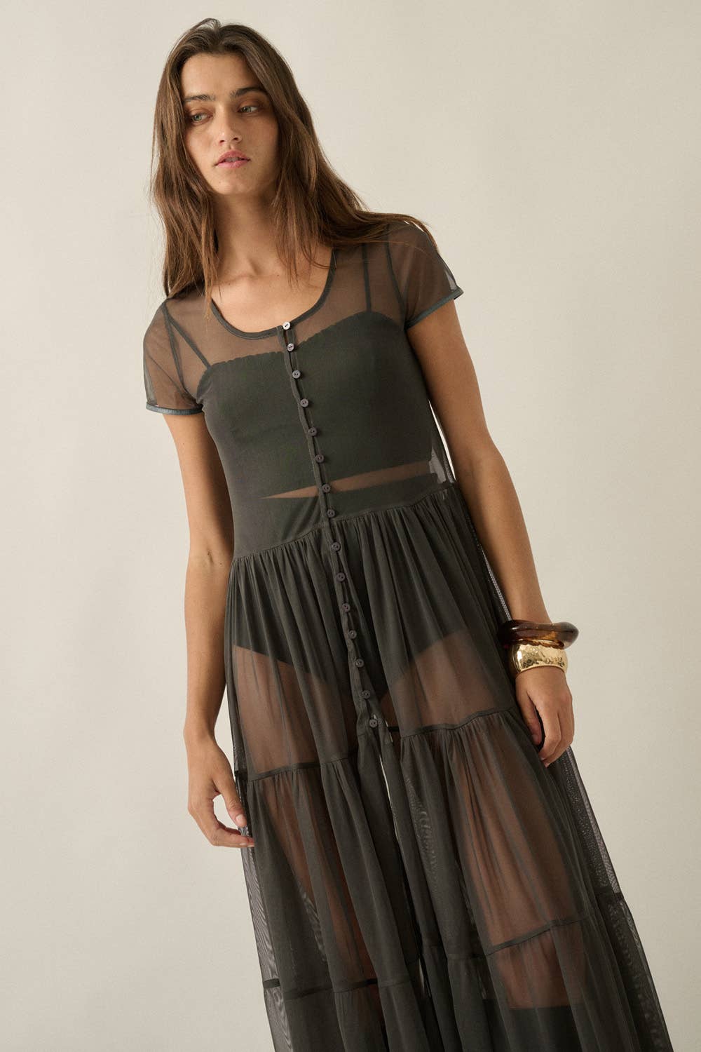 Mesh Short-Sleeve Button-Front Maxi Top