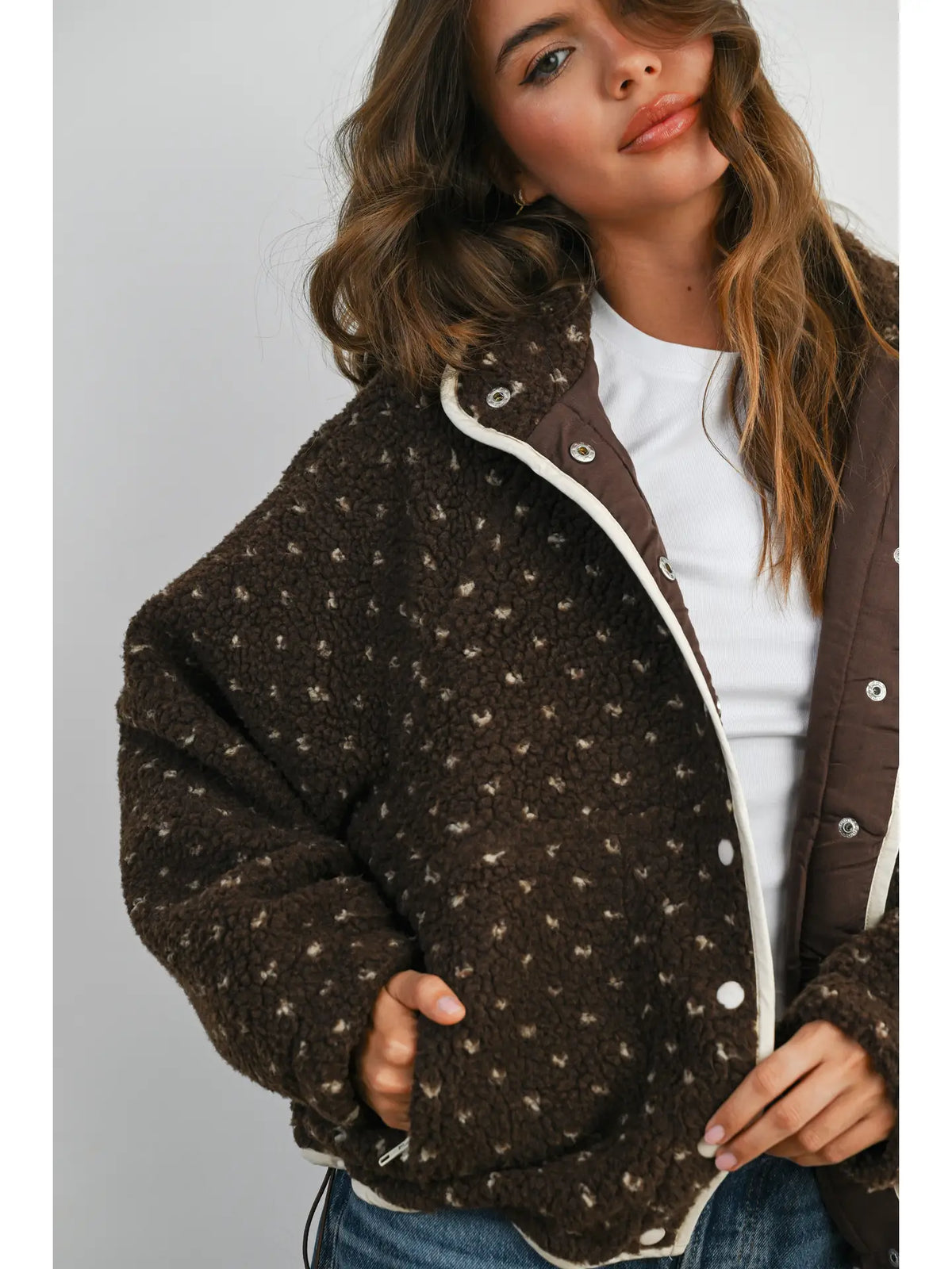 The Fern Dot Sherpa Fleece Snap Jacket