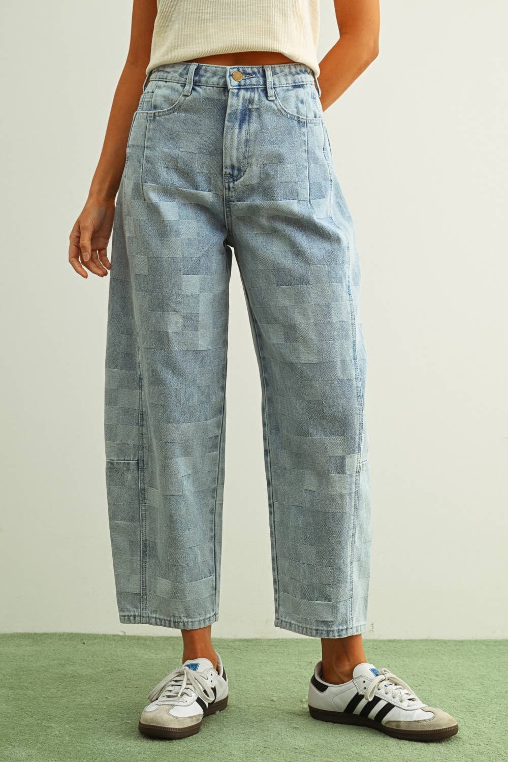 Checkered Denim Barrel Jeans