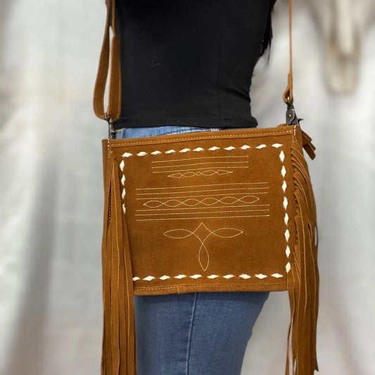 Tan Suede Leather Bootstitch Fringe Crossbody