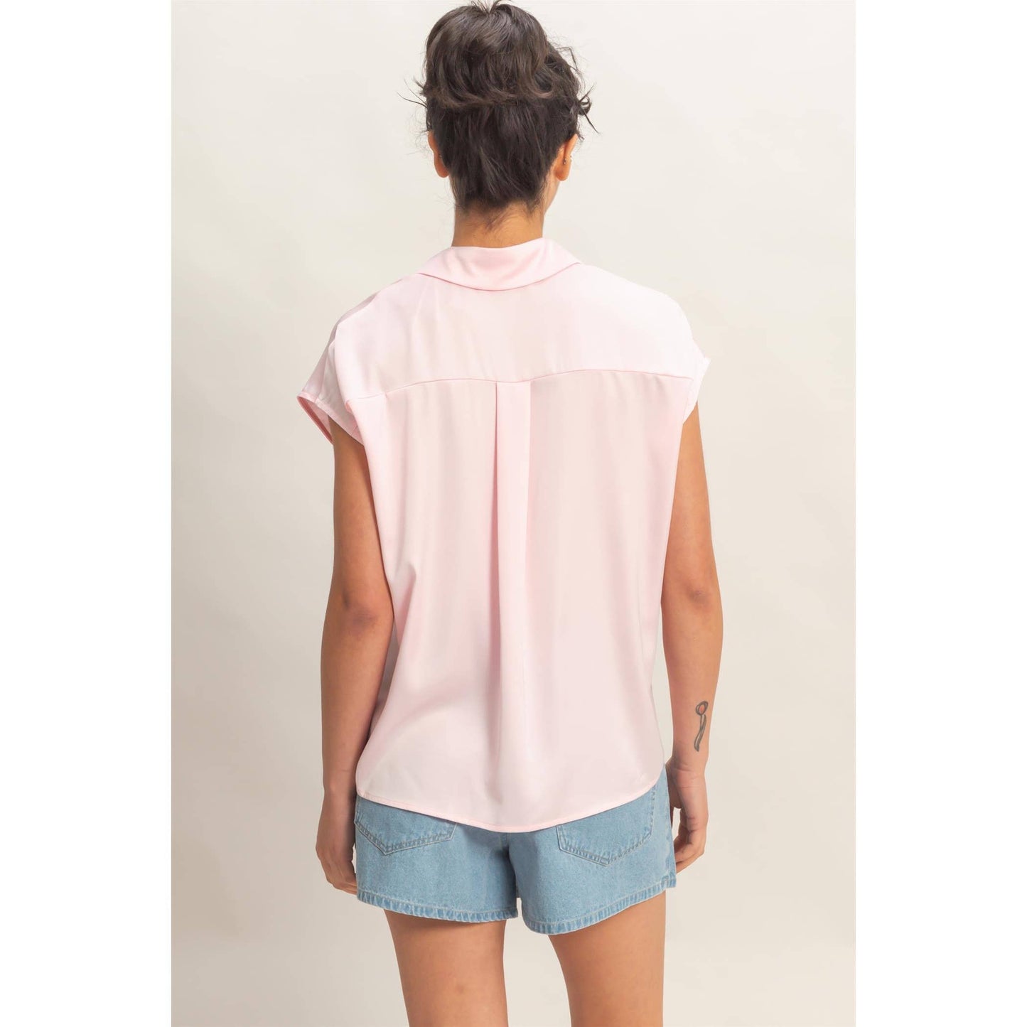 Sleeveless Satin Button-Up Blouse
