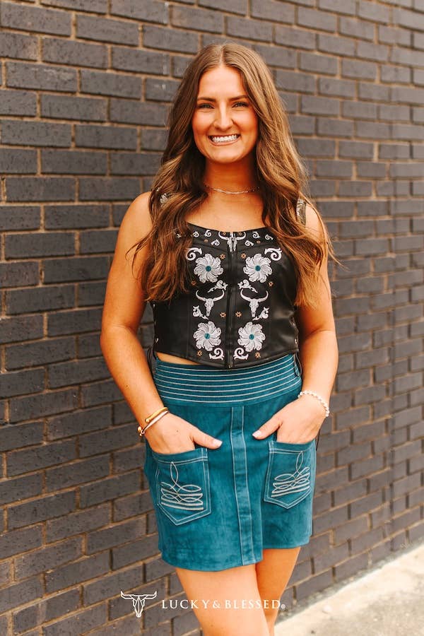 Teal Ivory Contrast Stitching Front Pocket Skirt