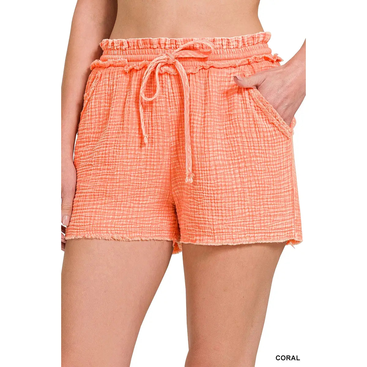 Gauze Frayed Hem Drawstring Shorts