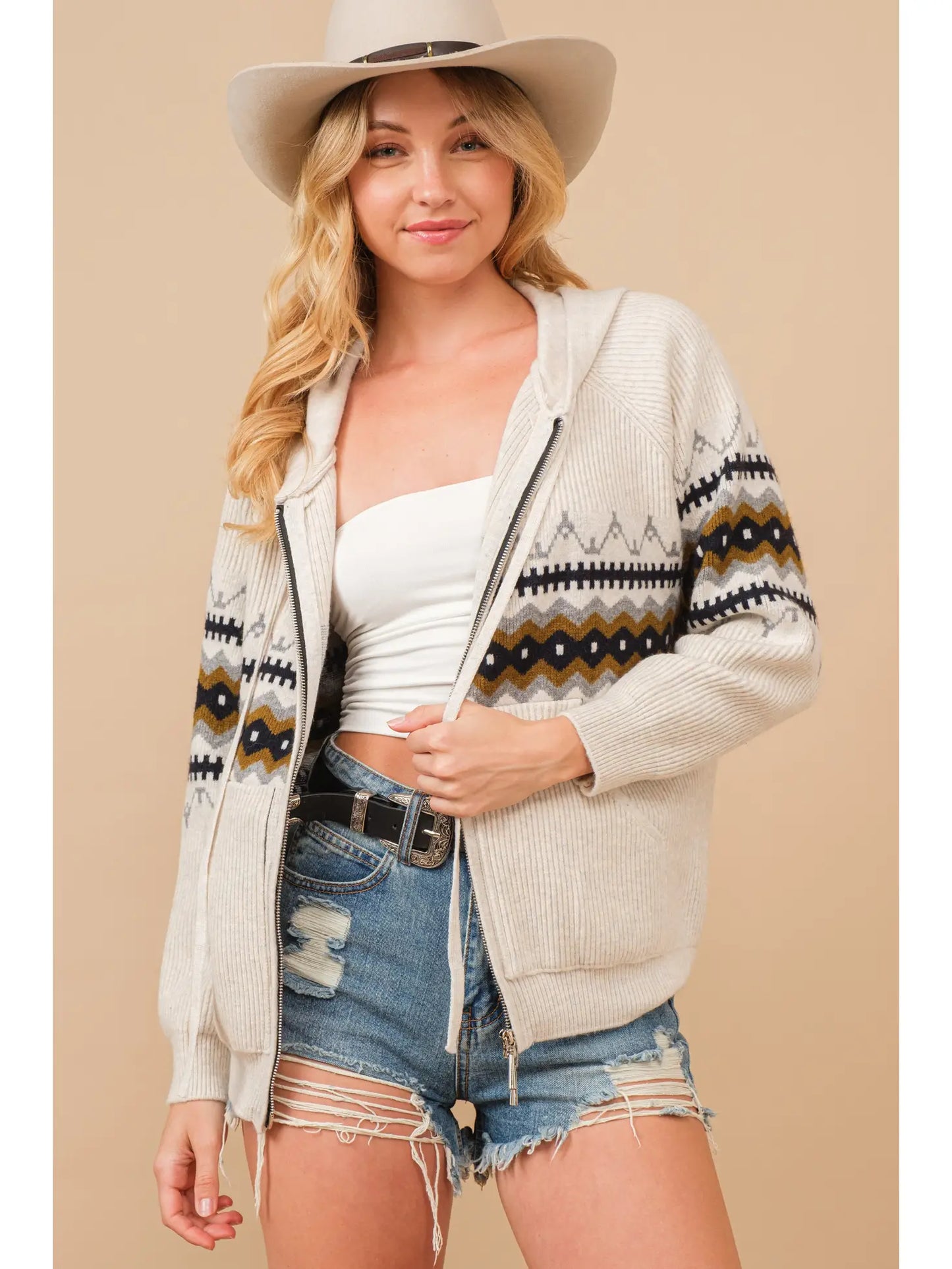 Soft Rib Geo Pattern Zip Up Sweater Hooded Jacket