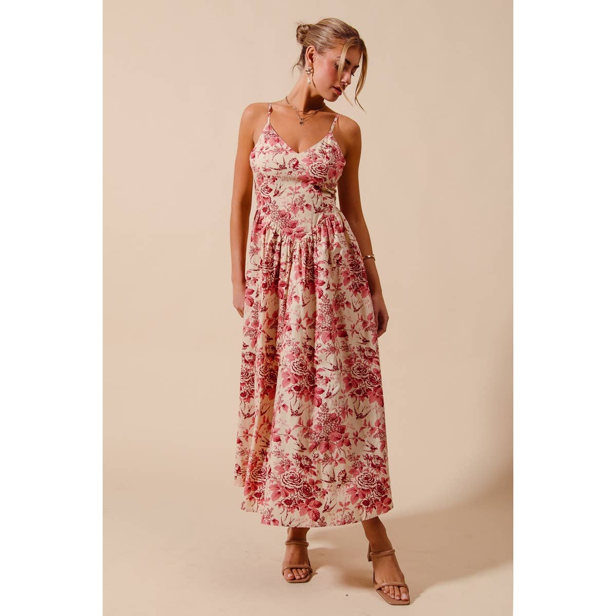 Floral Woven V Neck Dress With Back Ribbon Tie