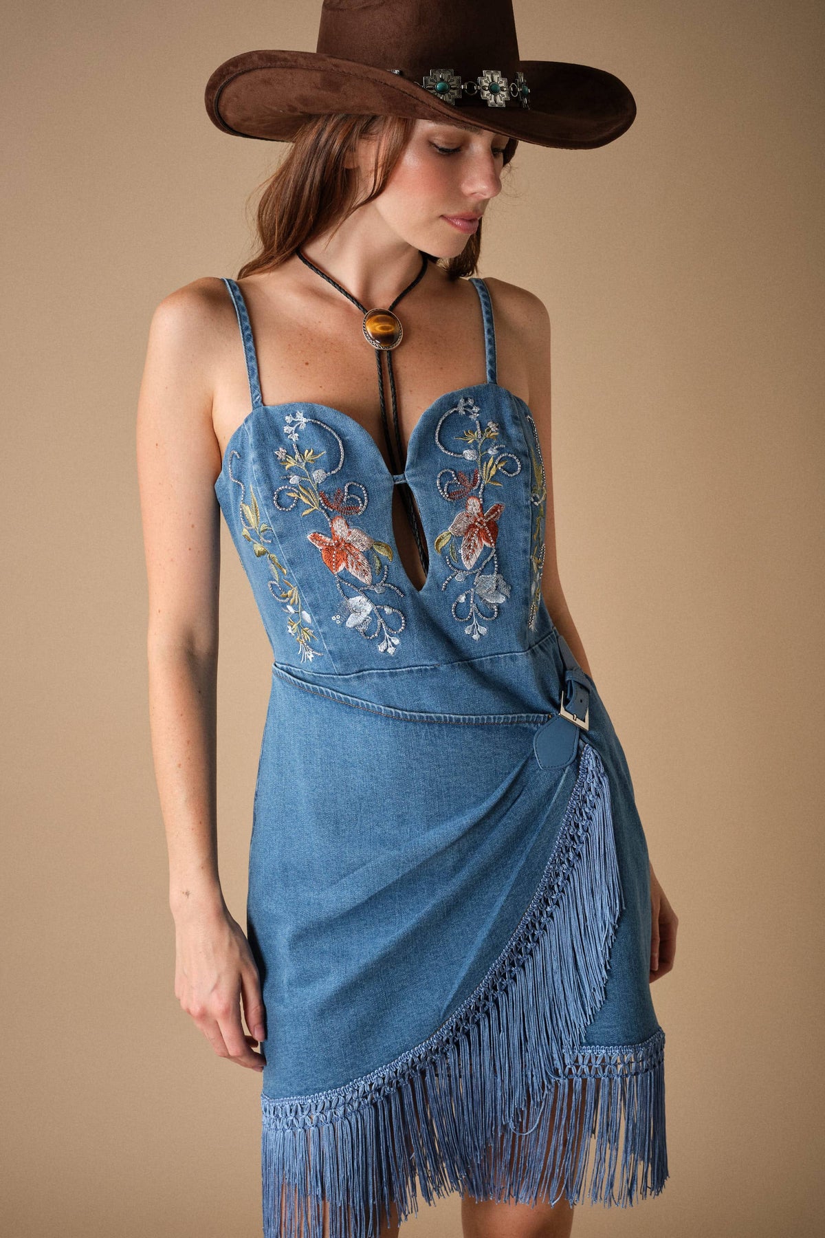 Floral Fringe Denim Dress