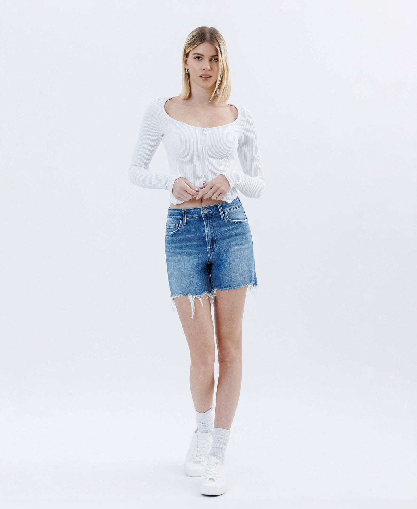High Rise Raw Hem Boyfriend Shorts