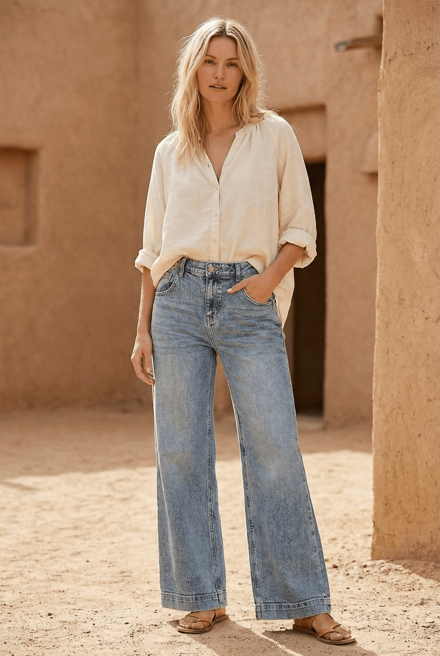 ADJUSTABLE WAISTBAND HIGH RISE BAGGY WIDE JEANS