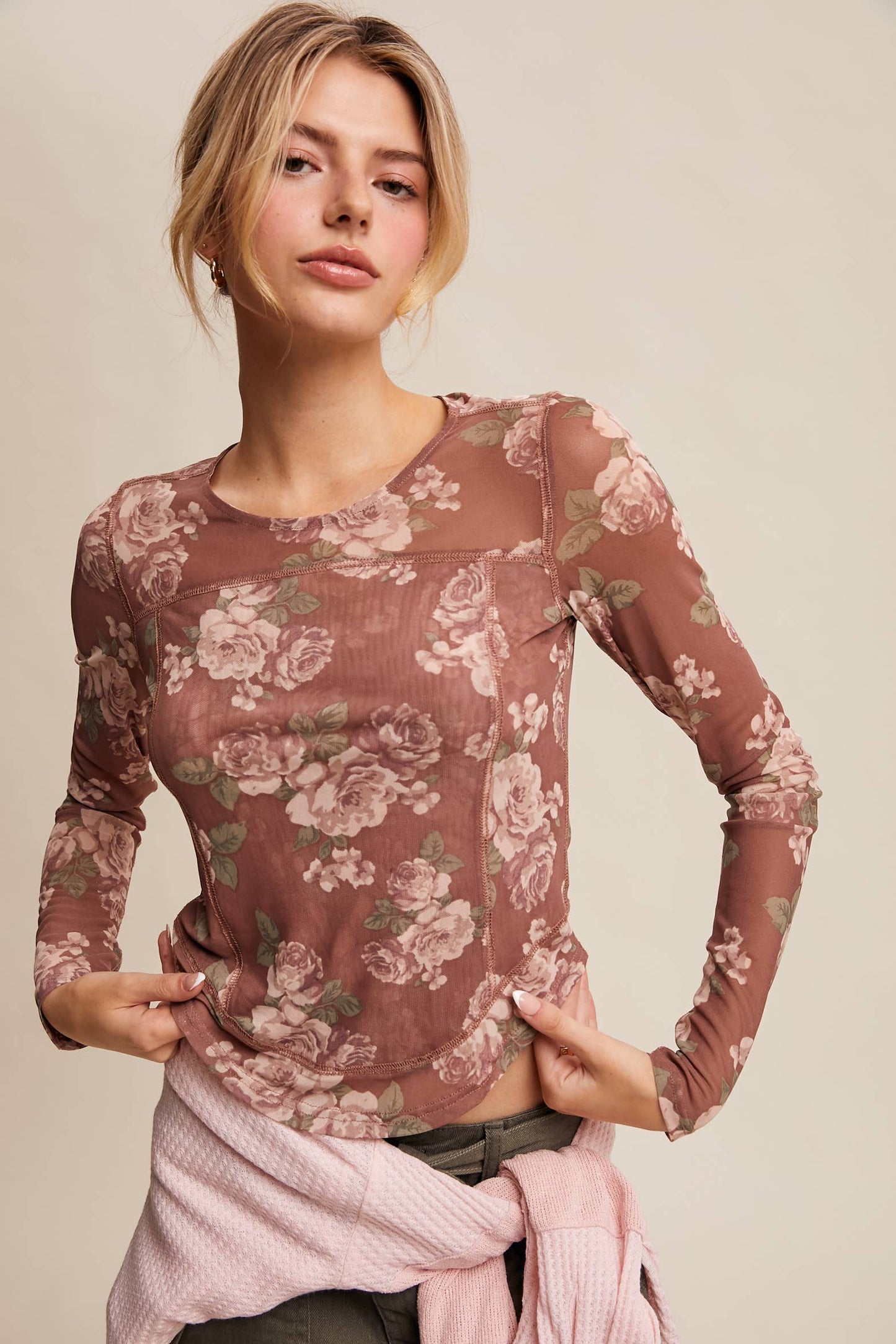 Floral Mesh Long Sleeve Layering Top